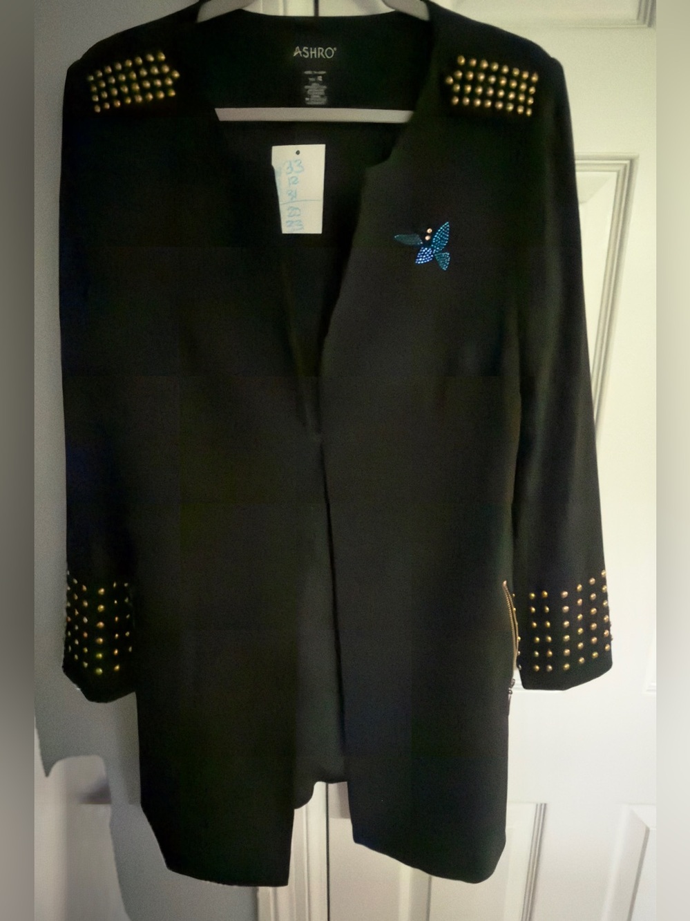 ASHRO Black Studded Open Front Coat Featuring crystals, lips appliqué